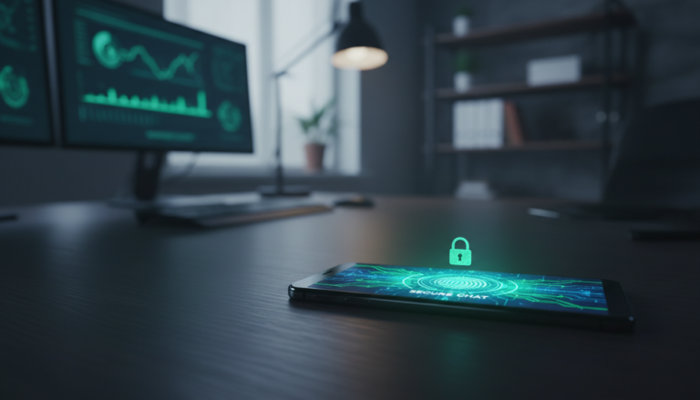 Smartphone moderno sobre uma mesa escura com um cadeado digital brilhante na tela, ilustrando como colocar senha no WhatsApp.