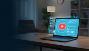 Notebook em uma mesa com um holograma 3D de um canal do YouTube saindo da tela, ilustrando o passo a passo de como criar um canal do zero.