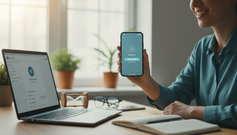 Pessoa usando celular e notebook para excluir o Facebook definitivamente em um ambiente moderno e cinematográfico.Texto Alternativo da imagem de destaque Pessoa usando celular e notebook para excluir o Facebook definitivamente em um ambiente moderno e cinematográfico.