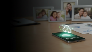 Smartphone com ícone de backup na nuvem em tela iluminada, sobre mesa de madeira, ilustrando como fazer backup do WhatsApp de forma segura.