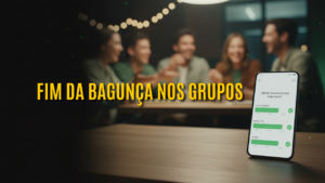 Smartphone exibindo uma votação na tela com pessoas felizes ao fundo, ilustrando como fazer enquete no WhatsApp de forma simples.