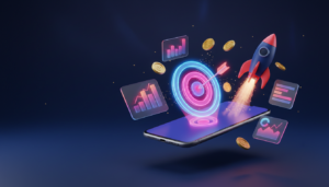 Ilustração 3D de um smartphone projetando um alvo holográfico com uma flecha no centro, representando a precisão do tráfego pago no Instagram.