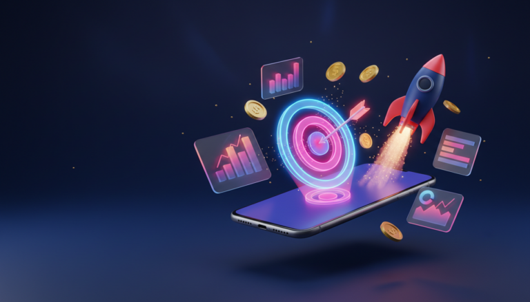 Ilustração 3D de um smartphone projetando um alvo holográfico com uma flecha no centro, representando a precisão do tráfego pago no Instagram.