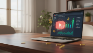 Laptop exibindo dashboard do YouTube com gráficos de receita subindo e moedas douradas flutuando, ilustrando como ganhar dinheiro no YouTube.