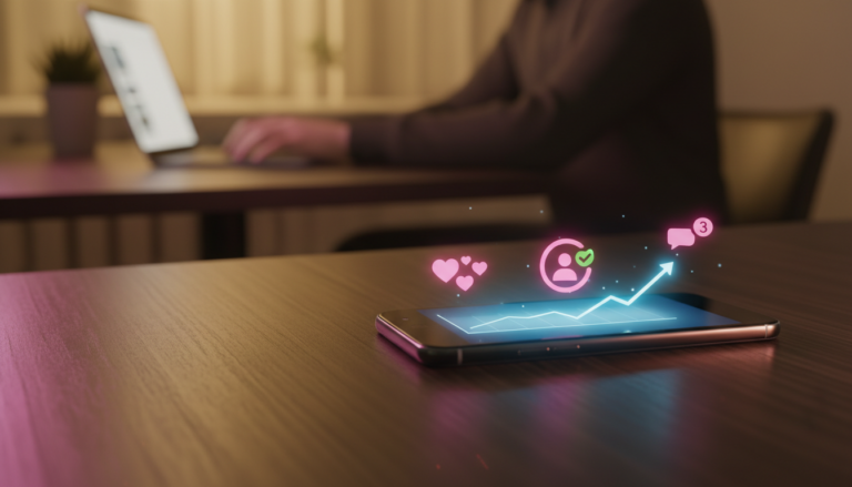 Fotografia cinematográfica de um smartphone sobre a mesa com ícones de novos seguidores saltando da tela, simbolizando o crescimento no Instagram.