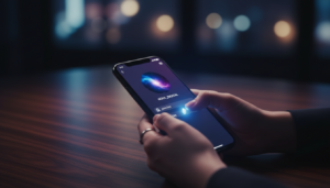 Fotografia hiper-realista de mãos segurando um smartphone com um ícone luminoso de edição no perfil, ilustrando como mudar o nome no facebook.