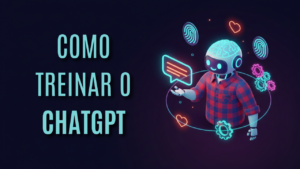 Robô amigável segurando um balão de chat neon, cercado por ícones de impressões digitais e engrenagens, representando a humanização da IA.