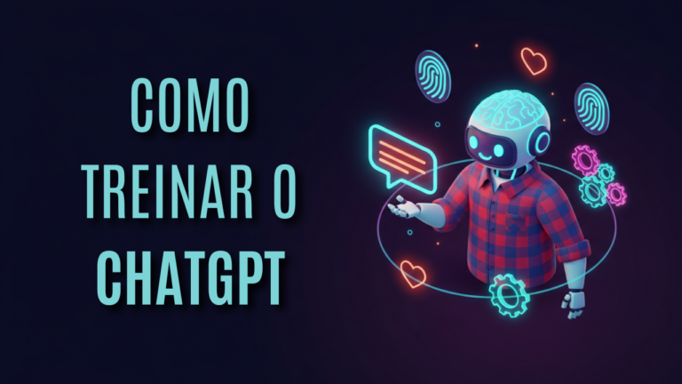 Robô amigável segurando um balão de chat neon, cercado por ícones de impressões digitais e engrenagens, representando a humanização da IA.