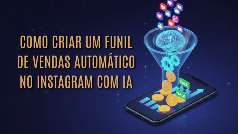 Ilustração 3D de um funil digital transformando interações do Instagram em vendas automáticas no celular usando Inteligência Artificial.