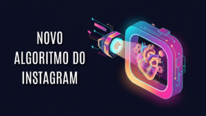 Ilustração 3D do logo do Instagram sendo escaneado por IA com um coração humano no centro, representando autenticidade.