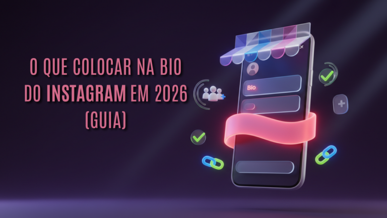 Ilustração 3D de um smartphone com a bio do perfil brilhando e um toldo de loja acima, simbolizando o Instagram como uma vitrine de vendas.