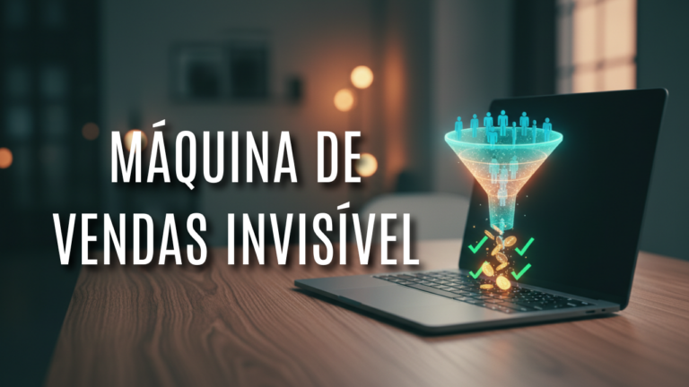 Notebook com um funil holográfico 3D transformando visitantes em moedas de ouro, ilustrando o que é funil de vendas no piloto automático.