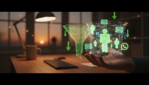 Mão segurando uma rede digital capturando ícones de leads e contatos, ilustrando o que é leads no marketing digital.