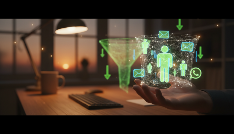 Mão segurando uma rede digital capturando ícones de leads e contatos, ilustrando o que é leads no marketing digital.