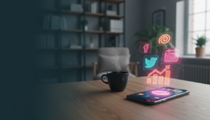 Smartphone com ícones holográficos de redes sociais e gráficos de crescimento flutuando, ilustrando o que é social media.