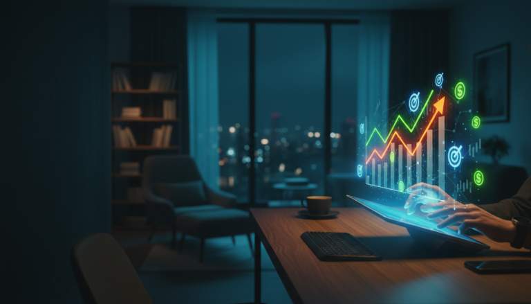 Mãos ajustando um painel em um tablet com gráficos e alvos holográficos saltando da tela, ilustrando o que é tráfego pago e anúncios.