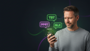 Homem com expressão confusa olhando para o celular com balões de mensagens neon flutuantes, ilustrando o que significa TBT no WhatsApp.