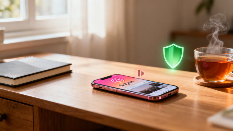 Fotografia cinematográfica hiper-realista de smartphone com Instagram pausado em mesa serena, simbolizando desativação segura e pausa digital.