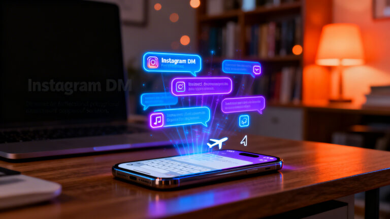 Smartphone com notificações de DM no Instagram e bolhas holográficas, ilustrando o que é DM no Instagram.